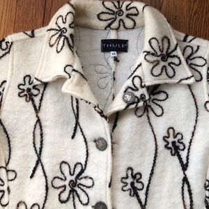 Italian Wool Sweater Blazer Ivory with Brown/black Flower Appliqué Size XS